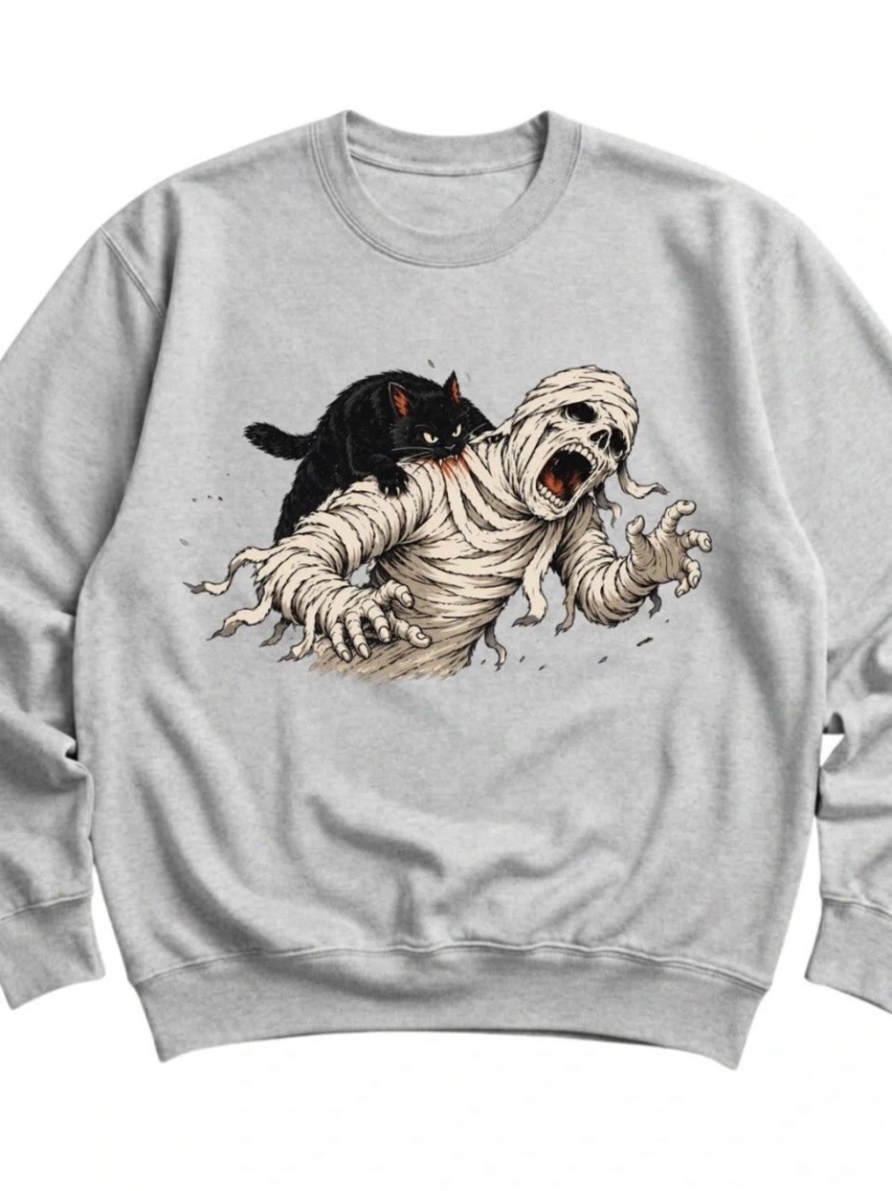 Sport grey Sweatshirt with Black Cat and Mummy Graphic